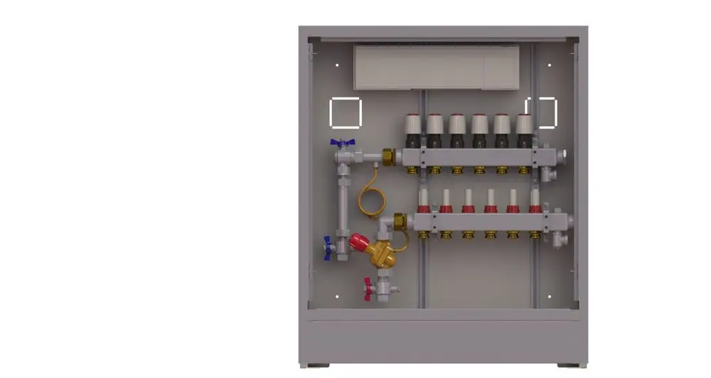 Danfoss-Verteilerstation mit mehreren Ventilen und Anschlussmöglichkeiten, montiert in einem grauen Gehäuse. Sichtbare Rohrleitungen und Armaturen sind integriert.